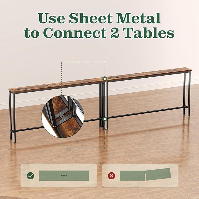 SUPERJARE 110.2 Inch Sofa Table with Power Outlets and USB-C Ports, 5.9 Inch Narrow Console Tables, Entryway Hallway Couch Tables with Storage, Behind Sofa, Living Room, Rustic Brown, AST046Z