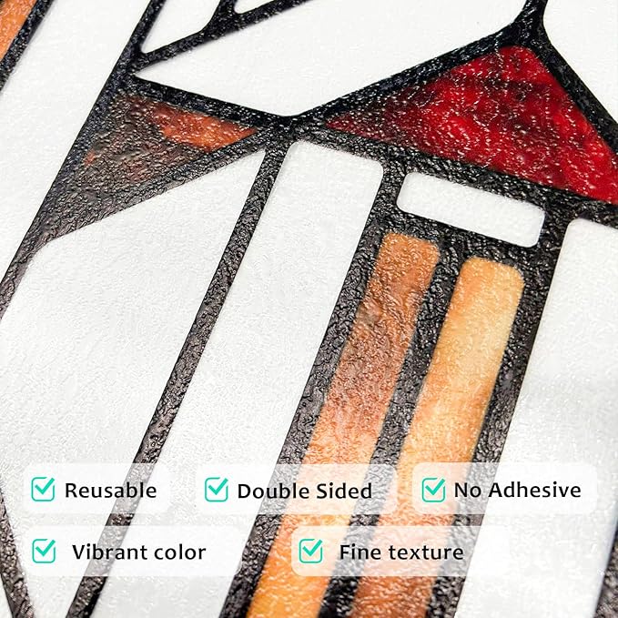 Faux Stained Glass Effect Window Privacy Film, Original Hand Drawn Static Cling Texture Sticker Inspired by Frank Lloyd Wright, 16.93" x84.65" Hollyhock House, Boho