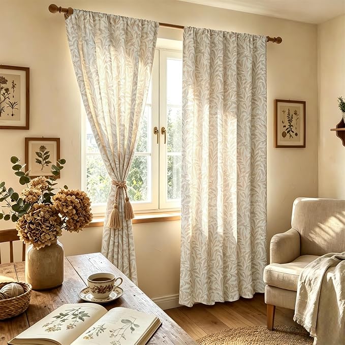 RoomTalks Boho Farmhouse Window Curtains 84 Inches Length 2 Panels Faux Linen Light Filtering, Cottagecore Rustic Country Vintage Cute Botanical Floral Curtain Panels for Bedroom Dining Living Room