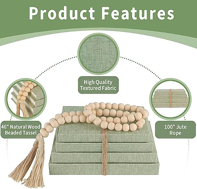 Linen Covered Decorative Books 4 Pieces, Neutral Home Decor Coffee Table Books with Wooden Beaded Tassel, Stacked Books for Rustic Farmhouse Modern, Boho, Bookshelf, Fireplace Mantel Decor, Sage