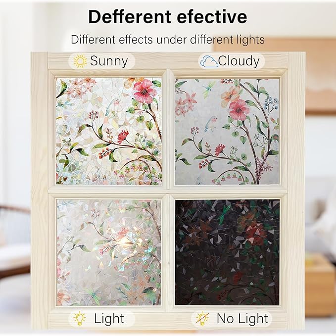 Ranzdn Window Privacy Film - Stained Glass Window Film Static Cling UV & Heat Blocking Rainbow Window Film for Glass Doors, Bedroom Windows - No Glue Premium Vinyl (Easy Install, 45.2"×157.4")