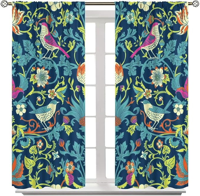 Boho William Morris Art Blackout Window Curtains, Magical Forest Vintage Flowers and Birds Rod Pocket Curtains, for Living Room Bedroom 21(W)*54(L) 2 Panels