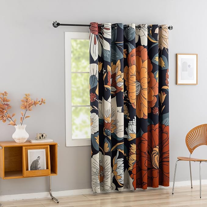 Tyrot Black Boho Floral Blackout Curtains for Sliding Glass Doors 84 inch Length Extra Wide Curtains for Patio Sliding Door Living Room, Grommet Room Divider Thermal Insulated Curtains, W100 x L84