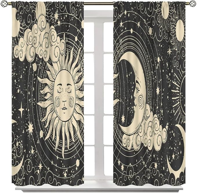 Bohemian Sun Moon Blackout Windows Curtains, Golden Sun Crescent Moon and Stars Vintage Cosmic Galaxy Printed Curtains, for Living Room Bedroom 42x45in 2 Panels