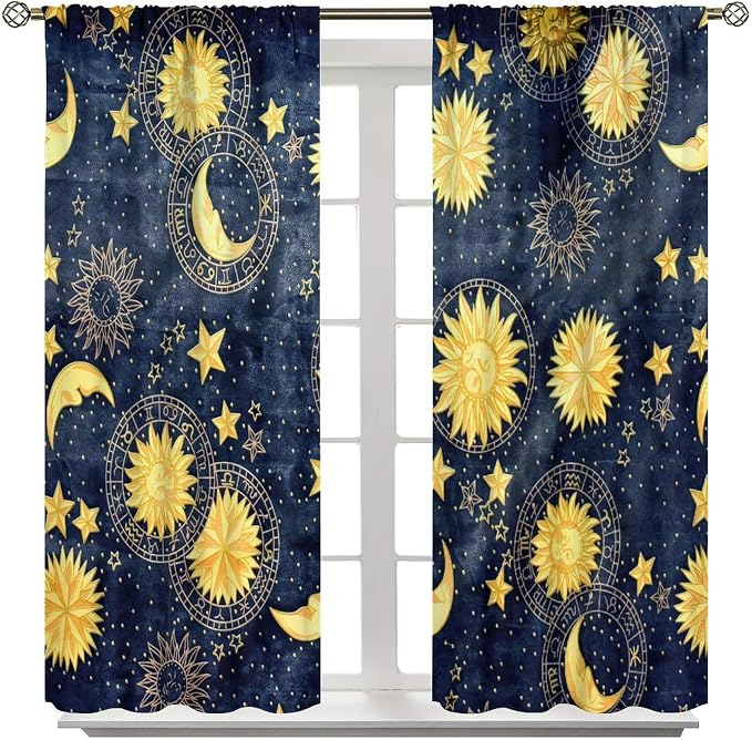 Boho Sun Moon Blackout Window Curtains, Bohemian Golden Sun Moon Stars Print Rod Pocket Window Drapes, for Living Room Bedroom 42x54in 2 Panels