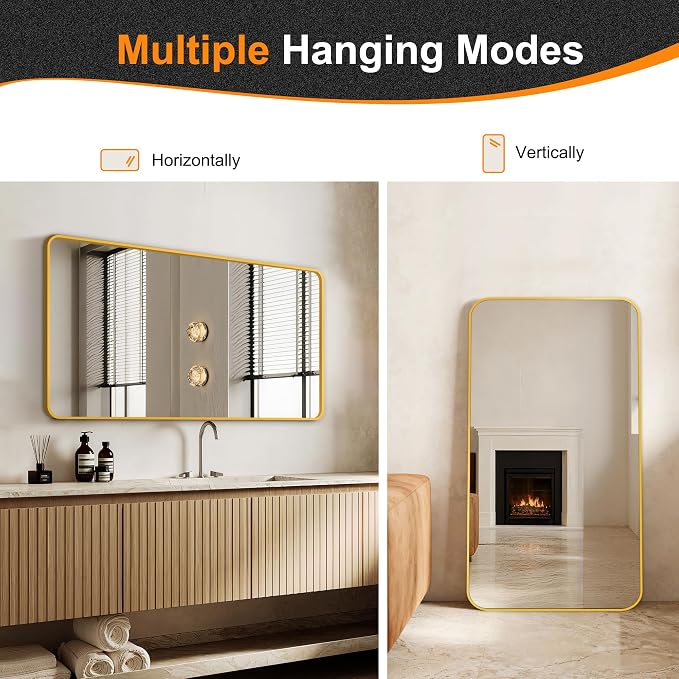 Delma Bathroom Vanity Mirror, Black Framed Bathroom Mirror for Over Sink, High-Definition Bathroom Mirror, Versatile Bathroom Vanity Mirror, Hangs Horizontally or Vertically(50x30, Gold)