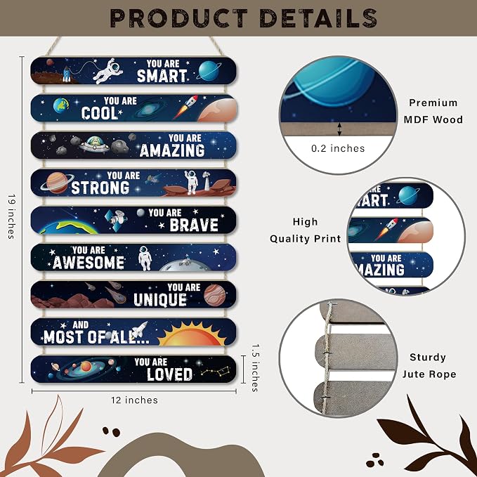 MONALET Space Astronomy Astronaut Inspirational Wall Decor for Boys Kids Room Classroom Playroom Nursery Office, You Are Loved Hanging Wooden Signs, Spaceman Wall Art Wood Plaque 9Pcs 12x19