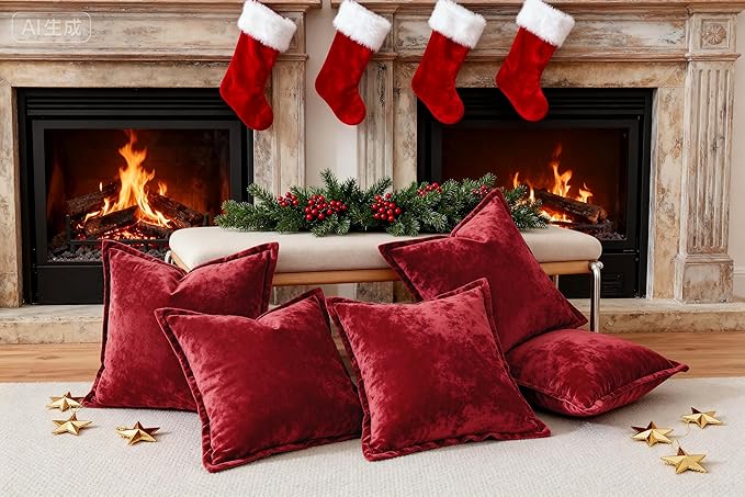 Velvet Pillow Covers 2 Pack Soft 26x26 Pillow Covers Solid Square Euro Shams Decorative Couch Pillow Cases with Wide Border for Sofa Bed Home Decor,Red