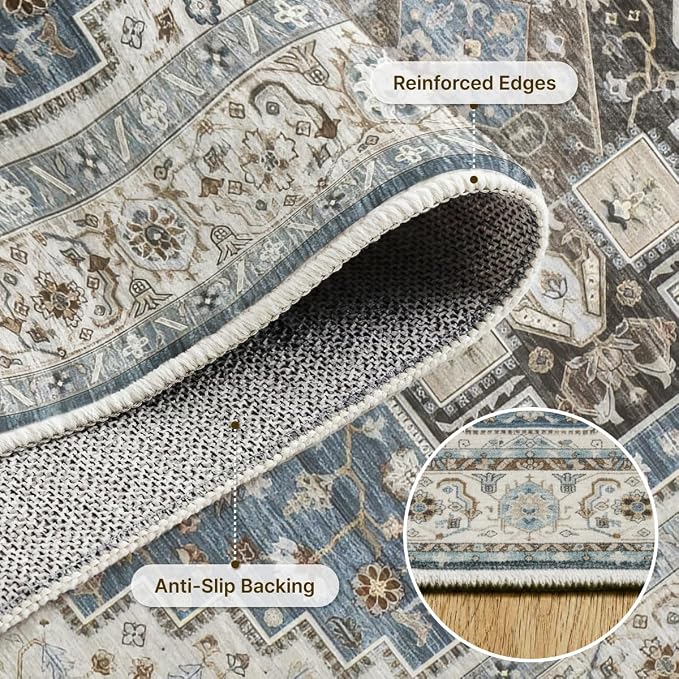 8x10 Area Rug for Living Room-Vintage Farmhouse Boho Floral Washable Stain Resistant Indoor Carpet for Bedroom Office and Home Decor(Floral Blue)