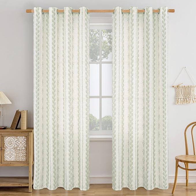 BGment Green Curtains Spring Leaf Floral Print Cottage Core Botanical Curtains for Living Room Light Filtering Curtain 84 Inch Long for Farmhouse Rustic, Each 52 Inch Wide, 2 Panels Set