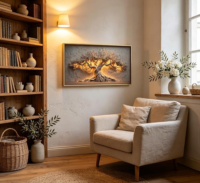 Framed Large Tree of Life Wall Art, Neutral Nature Big Tree Botanical Canvas Print Poster, Rustic Stone Wall Decor for Living Room Bedroom Hotel, Earth Tone,