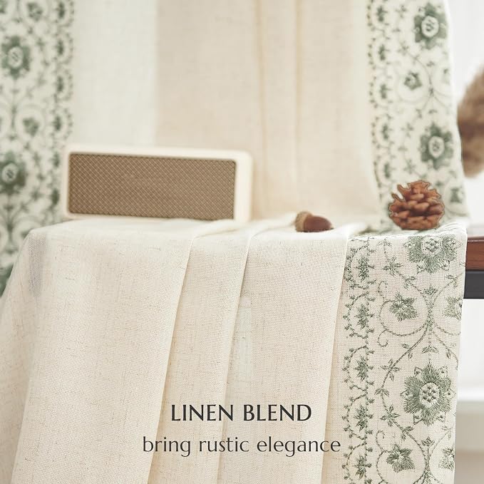 jinchan Weslie Boho Curtains for Bedroom 4 Panel Set Sage Green Vintage Floral Farmhouse Curtains 84 Inches Long Linen Drapes for Living Room Embroidered Light Filtering Drapes Sage on Beige