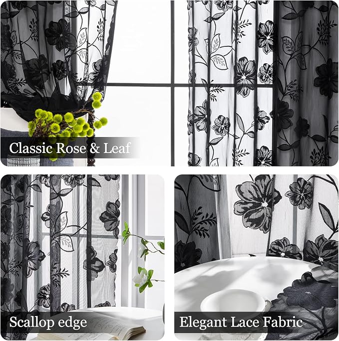 Treatmentex Black Sheer Lace Curtains for Bedroom Living Room Studio 84inch Long Vintage Rose Floral Embroidered Semi Sheer Curtain Panels Privacy Leaf Sheer Drapes with Scalloped Edge 54" w 2pcs 7ft