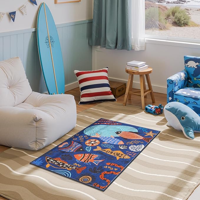 jinchan 2x3 Coastal Area Rug Kids Washable Fun Rug Colorful Ocean Fish Small Mat Non Slip Doormat Lightweight Soft Cozy Throw Carpet for Entryway Nursery Playroom Bedside Dorm Bathroom, Blue