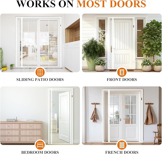 MAGZO Magnetic Screen Door, Fits 34'' x 82'' Door(Mesh Size 36'' x 83''), Left Right Side Opening, Scratch-Proof Polyester, Pet&Kids Friendly, Keep Annoying Creatures Out, with Keep Open Straps, White