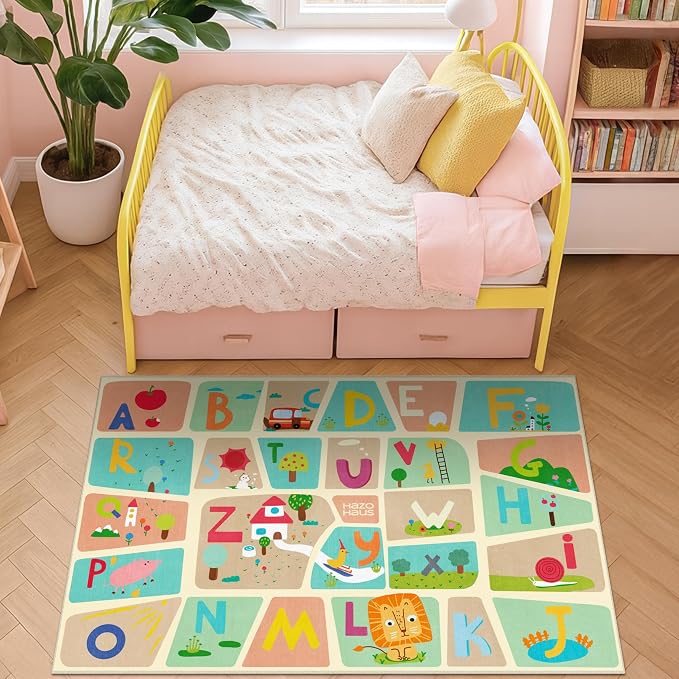 3x5 Alphabet Rug for Kids - Soft ABC Area Rug for Toddlers, Kids Learning, Preschool Educational Nursery Rug for Crawling, Reading Nook or Small Playroom – Cute Pastel Beige and Blue Letters Décor