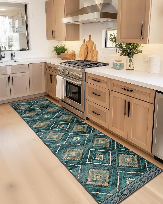 BESTSWEETIE Area Rug 2x6 Rug Machine Washable Non-Slip Low Pile Print Pattern Western Rug for Living Room Bedroom Entryway Tribal Series -Teal/Green