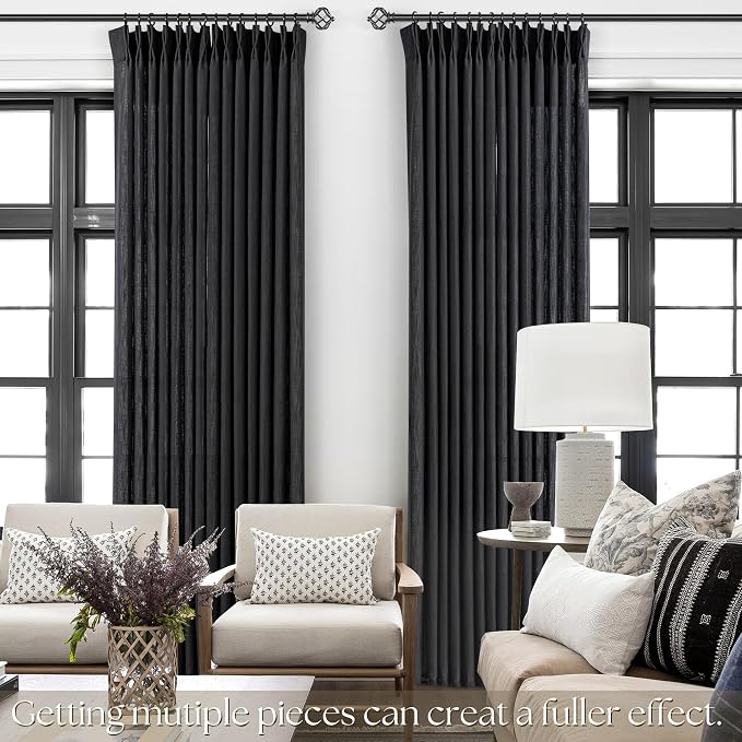 Pinch Pleated Black Curtains 120 inches Long 2 Panels for Living Room Textured Semi Sheer Pinch Pleat Linen Drapes 120 Inch Length with Hooks Rings Black Sliding Door Curtain Light Filtering 10 ft