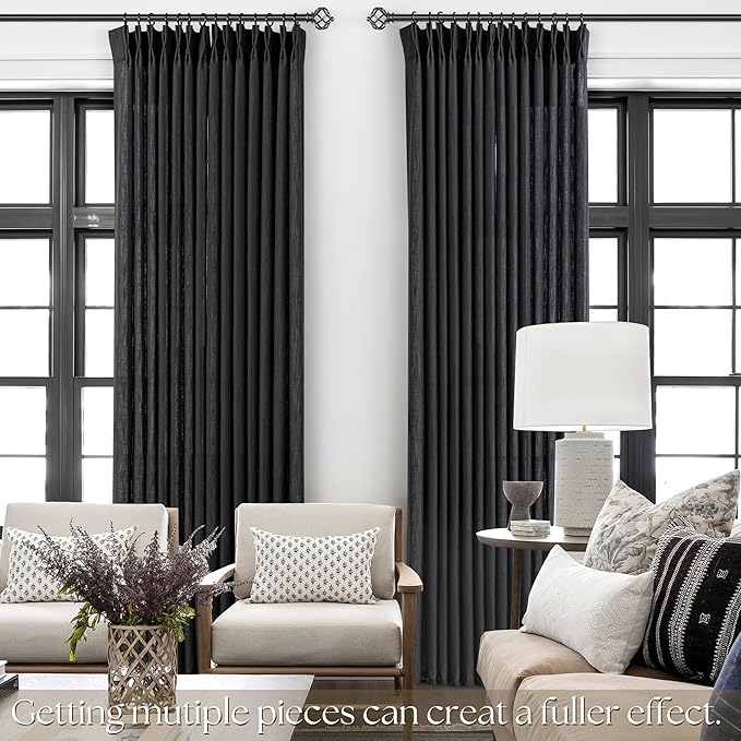 Pinch Pleated Black Linen Curtains 90 inch Length for Living Room 2 Panel Set Light Fitering Semi Sheer Black Window Curtain Pinch Pleate with Hooks Rustic Farmhouse Bedroom Long Drapes 90