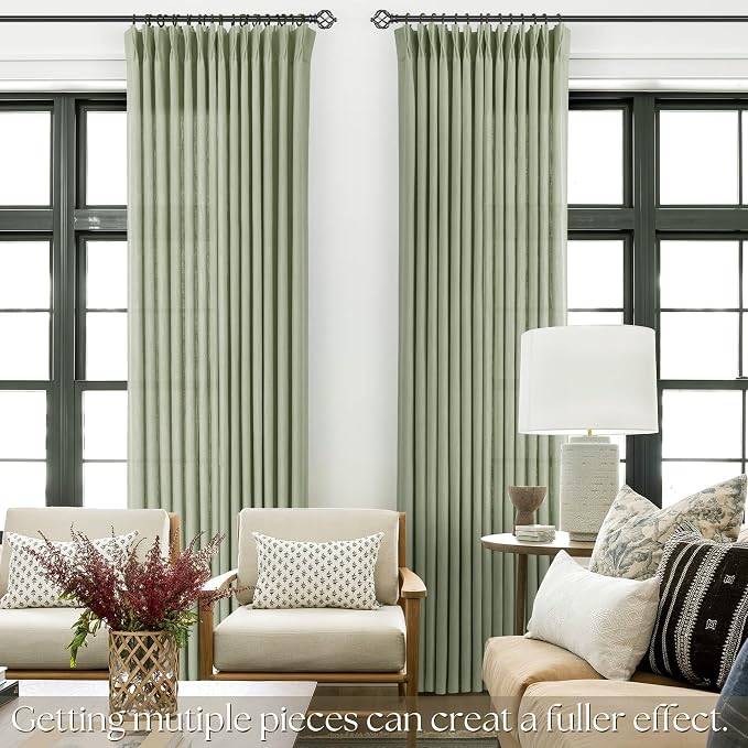 Pinch Pleated Sage Green Curtains 120 inch Long for Living Room 2 Panel Set Light Fitering Semi Sheer Light Green Linen Curtain with Pleat Hooks Rustic Farmhouse Sage Drapes 10 ft Length 40"x120"