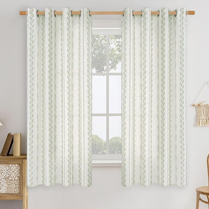 BGment Green Curtains Spring Leaf Floral Print Cottage Core Botanical Curtains for Living Room Light Filtering Curtain 63 Inch Long for Farmhouse Rustic, Each 52 Inch Wide, 2 Panels Set