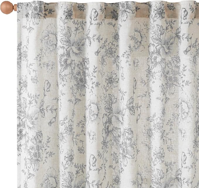 jinchan Linen Blend Curtain Floral Curtains for Living Room 96 Inch Length Grey Printed Curtain Rod Pocket Back Tab Farmhouse Peony Flower Patterned Drapes Bedroom Window Curtains Set 2 Panels