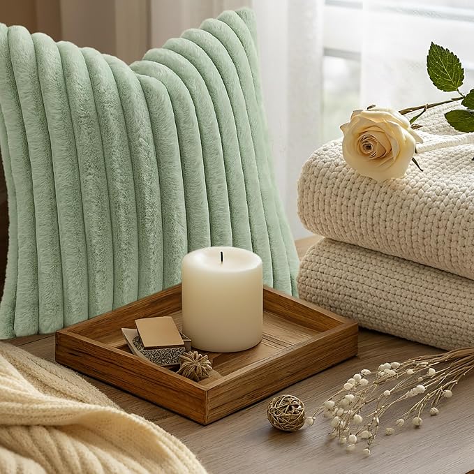 decorUhome Fall Cozy Faux Fur Throw Pillow Covers 24x24 Set of 2 Decorative Plush Striped Modern Farmhouse Boho Couch Euro Sham Pillow Cases with Velvet Back for Sofa Bed Living Room, Sage Green