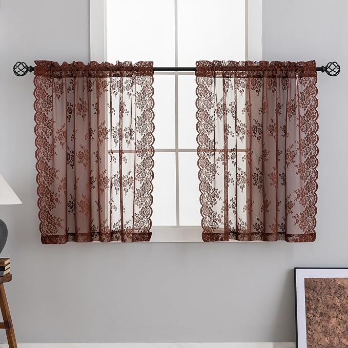 Kotile Warm Brown Sheer Curtains 36 Inch Length for Kitchen Window Over Sink, 2 Panels W42 x L36 Inch, Country Floral Brown Colored Short Lace Curtains, Rod Pocket Privacy Cottage Sheer Cafe Curtain