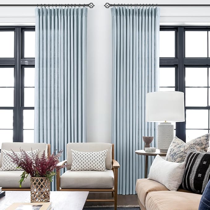 Greyish Blue Pinch Pleated Linen Curtains 72 Inch Length 2 Panels for Living Room Bedroom Textured Semi Sheer Drapes Pinch Pleat Rings Window Curtain 40x72