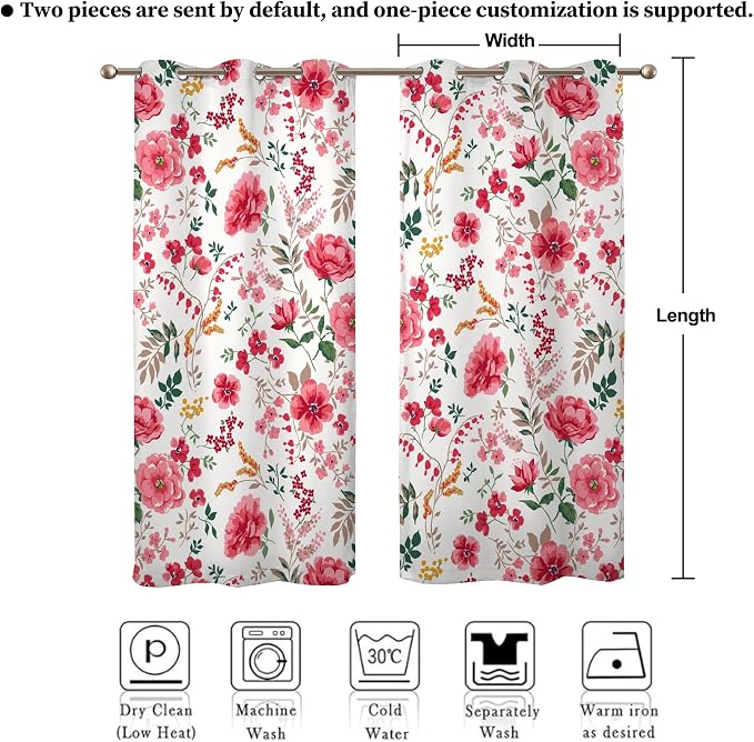Renaiss Pink Rose Floral Curtains Red Peony Flowers Blackout Window Curtains for Bedroom Thermal Insulated Living Room Window Drapes 29W x 55L Inches 2 Panel Set, Grommet Top