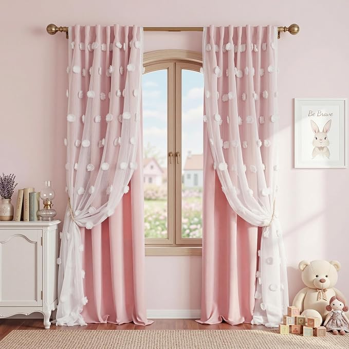 MYSKY HOME Pink Curtains for Girls Bedroom Nursery Curtain Double Layer White Pom Pom Sheer Window Panels for Kids Room Back Tab Room Darkening Window Drapes 63 Inches Length, W52 X L63, 2 Pieces