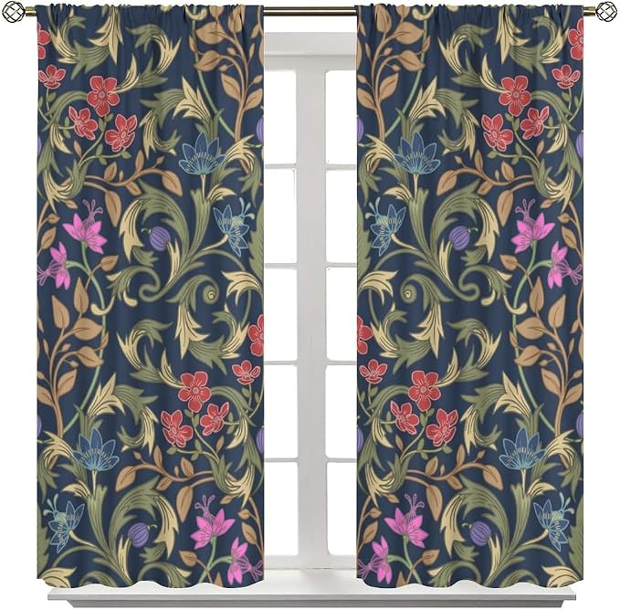 William Morris Flower Blackout Curtains, Retro Botanical Vintage Floral Leaves Window Drapes, for Bedroom Living Room 42" W X 54" L
