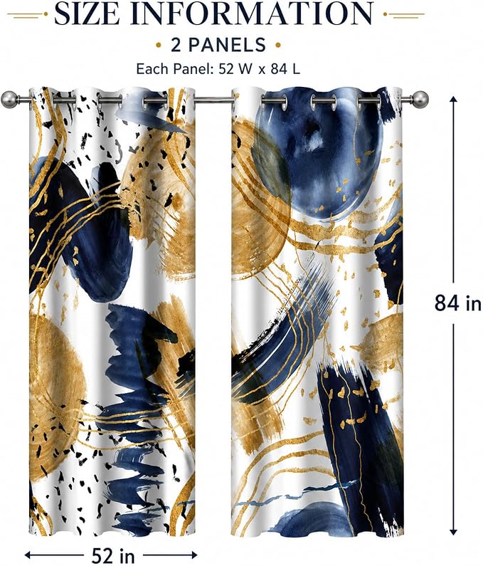 Abstract Blue Gold Blackout Curtain, Boho Aesthetic Modern Window Curtains Living Room Bedroom Decor Thermal Curtain Darkening Grommet Window Drapes Treatments, 2 Panels 52x84 Inch