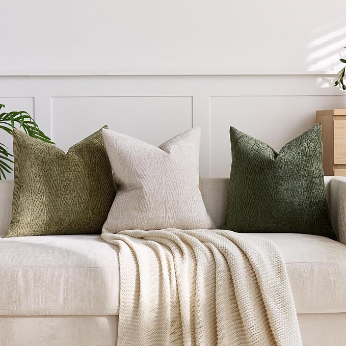 Summer Pillow Covers 16x16 Inch Set of 2, Soft Decorative Throw Pillow Covers with Leaves Texture, Hidden Zipper for Home Sofa Bed Couch (Olive Green, 16" x 16" (Pack of 2))