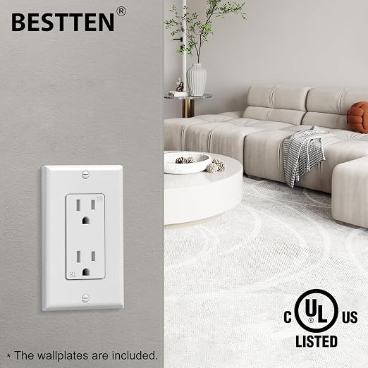 BESTTEN 15 Amp Tamper-Resistant Decor Receptacle Outlet, Residential and Commercial Use, Wallplate Included, 15A/125V/1875W, UL Listed, 10 Pack, White