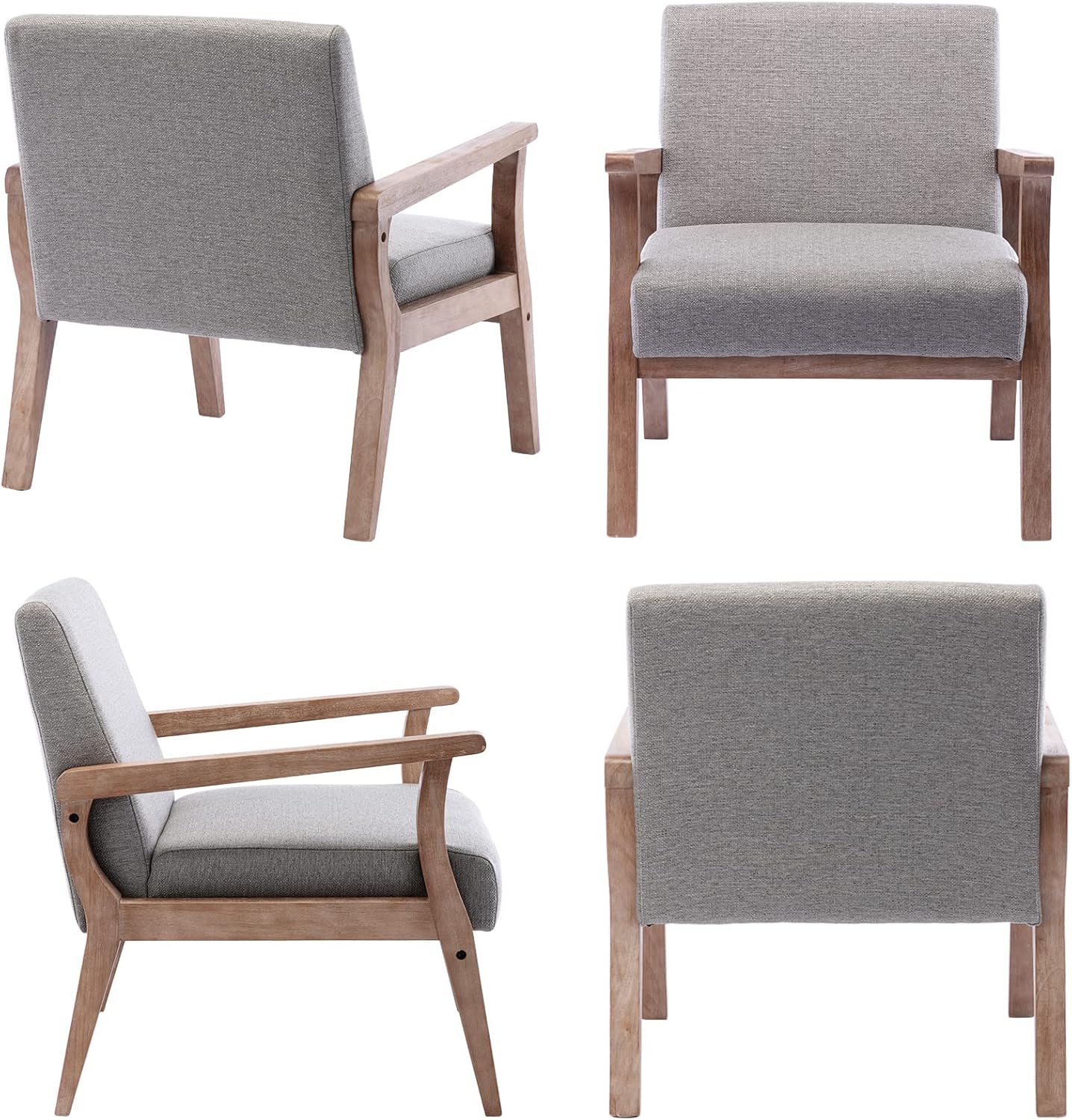 HNY Mid Century Modern Accent Chairs Set of 2 with Wood Frames, Linen Upholstered Living Room Arm Chairs for Living Room, Bedroom, Grey