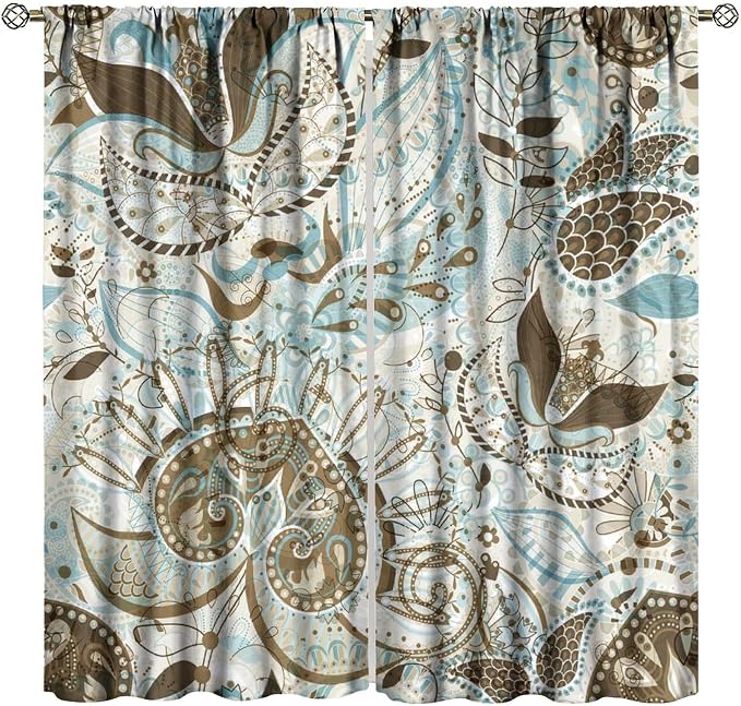 Boho Curtains, Peris Flower Print Pattern Home Window Treatments, Bedroom Living Room Kitchen Office Blackout Curtains72X63 Inch