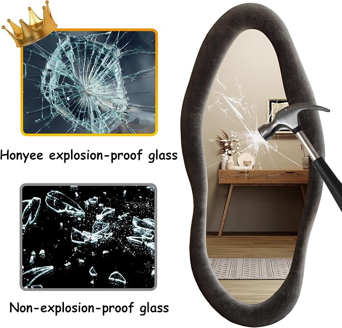 Honyee 55" x 24" Wavy Mirror, Flannel Wrapped Wooden Frame, Irregular Hanging for Cloakroom/Bedroom/Living Room, Black
