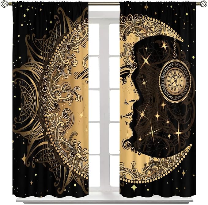 Sun Moon Blackout Windows Curtains, Retro Bohemian Antique Hippie Gold Sun Crescent and Star Curtains, for Living Room Bedroom 84x84in 2 Panels