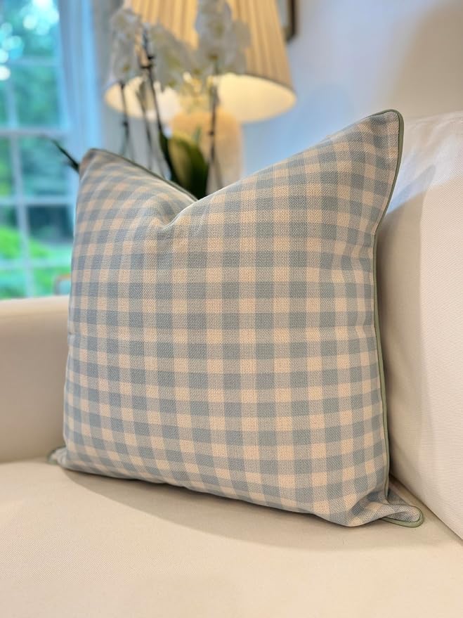 Jillien Harbor “The Charlie” Decorative Pillow Cover – Blue and White Accent Pillow Cover with Gingham-Inspired Design – Grandmillennial Home Decor, 20" x 20"