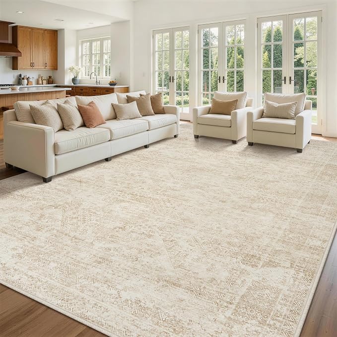 9x12 Area Rugs for Living Room Rug Washable: Abstract Large Rug for Dining Room Bedroom Carpet Non Slip 9 by 12 Indoor Modern Nursery Home Office Beige