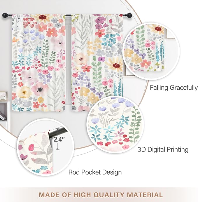 Riyidecor Colorful Floral Kitchen Curtains Short Small Pink Cute Boho Wildflower Trendy Watercolor Plant Leaves Botanical Rod Pocket Girls Bedroom Living Room Treatment Fabric 2 Panels 27.5Wx39H Inch
