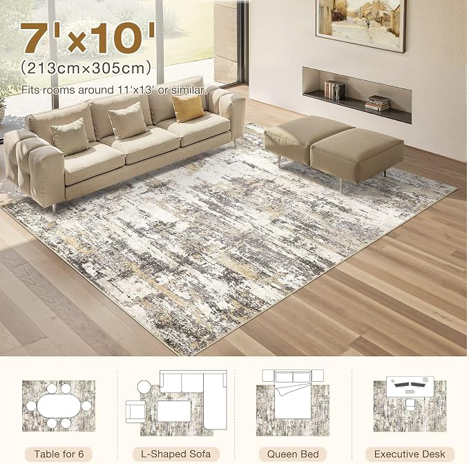 Area Rugs for Living Room: 7x10 Abstract Washable Rug Modern Neutral Large Soft Stain Resistant Non-Slip Backing Machine Table for Bedroom Dining Room Indoor Home Office Carpet - Gold Brown