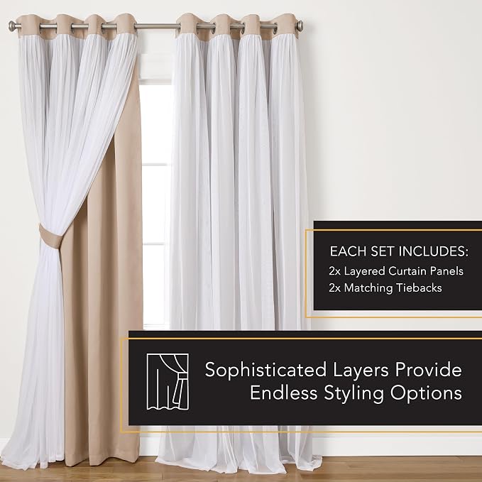 TOWN & COUNTRY LUXE Talia Double Layer Indoor Curtains,Sheer and Room Darkening Blackout,Grommet Top,Energy Efficient Set, Rose Blush,52" W x 84" L (Pack of 12)
