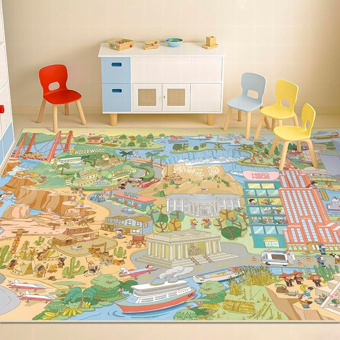 Patriotic Large 8x10 Kids Playroom Rug – North America Geography Carpet with Landmarks, Wildlife & U.S. Presidents – Giant Educational Area Rug for Homeschool, Daycare, Classroom, or Pretend Play Area