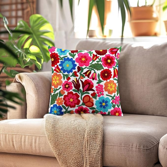 HunnmingRe Mexican Embroidered Throw Pillow with Insert 18 x 18 Inch Mexican Boho Embroidered Pillow Cover Decorative Fiesta Colorful Floral Cushion Decor for Sofa Living Room Couch Bedroom(White)