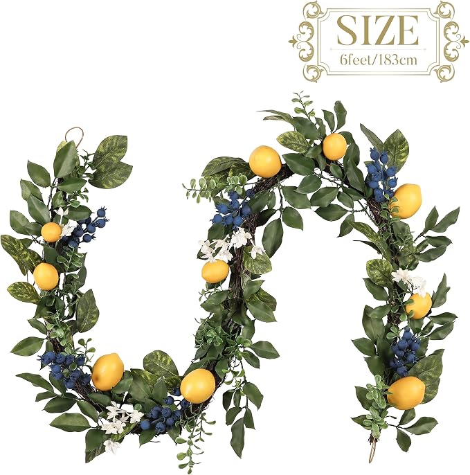 Valery Madelyn 6ft Artificial Lemon Garland for Mantel Summer Decor(Thick) | Faux Lemons Eucalyptus & Blueberry Summer Garland with Lights for Stairs Table Fireplace Farmhouse Kitchen Home Decor