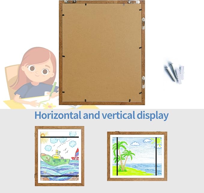 iRahmen Kids Art Frames 10x12.5 Set of 2 - Front Opening Childrens Picture Frame Changeable, Wood Artwork Display Storage for Wall Mount, Magnetic Door Holds 50 Art Pieces for Drawings, 3D Picture, Crafts, Portfolio, Brown