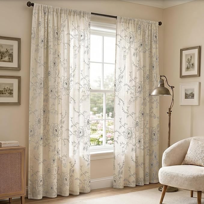 Boho Floral Curtains, Vintage Farmhouse Curtains 84 Inches Long, Grey Cottage Core Flower 2 Panels