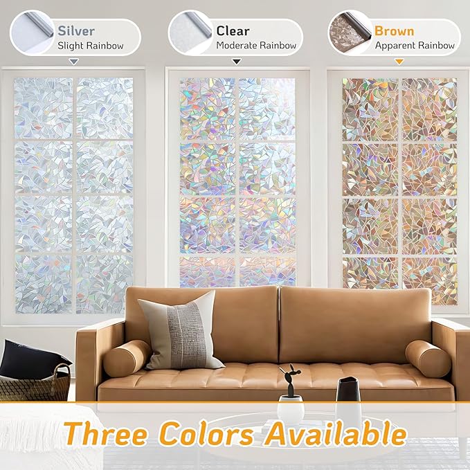 LUTE Window Privacy Film, Rainbow Window Flim, 3D Decorative Stained Glass Cling, Non-Adhesive Vinyl Static Cling Removable Glass Sticker, Sun UV Blocking Covering for Home, Brown, 35.4 x 157.4 inches